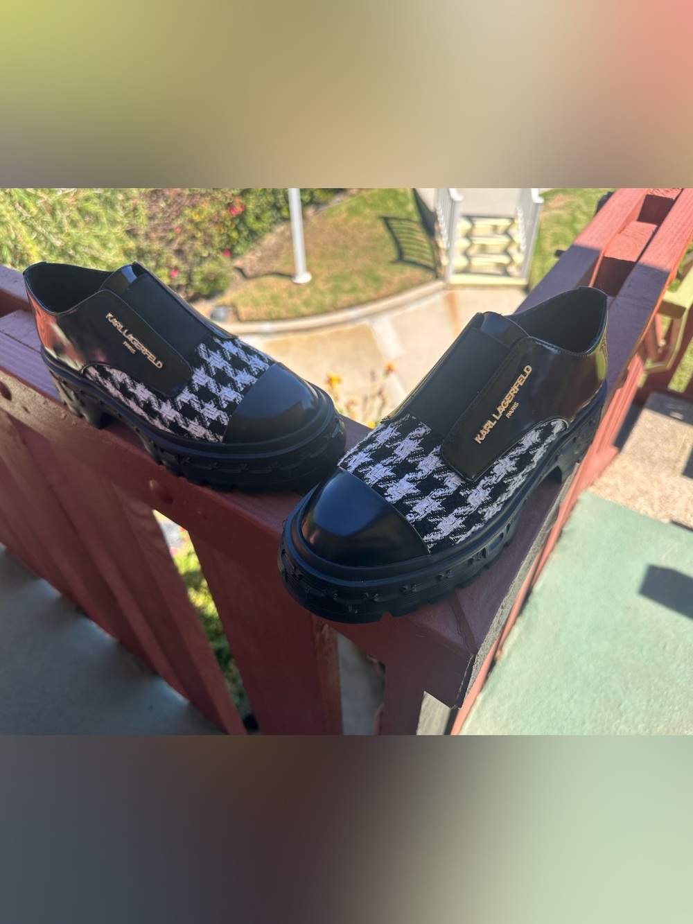 Karl Lagerfeld Lakely Black Patent & Houndstooth Tweed Platform Loafer - Picture 2 of 12